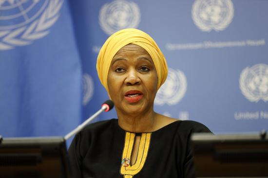 United Nations (UN) Women Executive Director Phumzile Mlambo-Ngcuka speaks during a press briefing at the UN headquarters in New York, March 5, 2020. (Xinhua/Li Muzi)