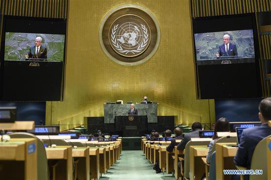 Volkan Bozkir, president of the 75th session of the United Nations General Assembly, delivers closing remarks to the general debate of the 75th session of the United Nations General Assembly at the UN headquarters in New York on Sept. 29, 2020. The General Debate of the 75th session of the UN General Assembly (UNGA 75) on Tuesday lowered its curtain at the UN headquarters in New York on a positive note with the vast majority of world leaders and national representatives voicing strong support for multilateralism and the United Nations. (UN Photo/Loey Felipe/Handout via Xinhua)