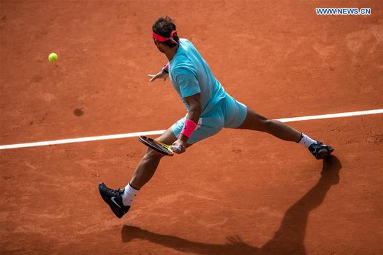 Rafael Nadal competes during the men's singles 4th round match between Rafael Nadal of Spain and Sebastian Korda of the United States at the French Open tennis tournament 2020 at Roland Garros in Paris, France, Oct. 4, 2020. (Photo by Aurelien Morissard/Xinhua)