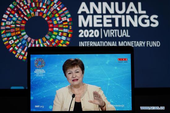 International Monetary Fund (IMF) Managing Director Kristalina Georgieva speaks during a virtual news conference for the annual meeting of the World Bank Group and the IMF in Washington, D.C., the United States, on Oct. 14, 2020. International Monetary Fund (IMF) Managing Director Kristalina Georgieva said Wednesday that maintaining fiscal and monetary support to households and firms while containing COVID-19 is critical for a durable economic recovery from the pandemic. (Xinhua/Liu Jie)