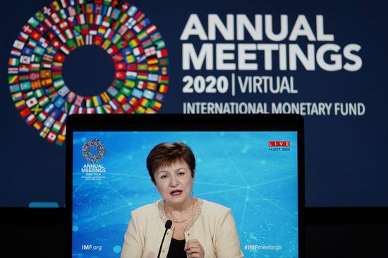 International Monetary Fund (IMF) Managing Director Kristalina Georgieva speaks during a virtual news conference for the annual meeting of the World Bank Group and the IMF in Washington, D.C., the United States, on Oct. 14, 2020. (Xinhua/Liu Jie)
