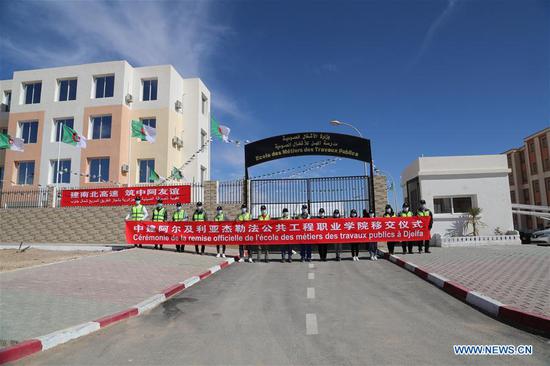 An inauguration and handover ceremony is held for the Public Engineering Technology School which was assisted by China State Construction Engineering Corporation (CSCEC) Algeria in Berbih, province of Djelfa, 300 km south of Algiers, Algeria, Oct. 17, 2020. Algerian Prime Minister Abdelaziz Djerad has praised the Chinese firms in Algeria for making new contribution to Chinese-Algerian friendship. Djerad made the remarks on Saturday while attending the inauguration and handover ceremony. (Xinhua)