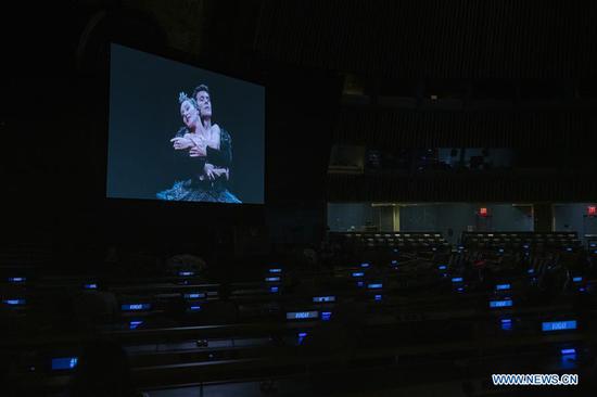 Photo taken on Oct. 22, 2020 shows a view of the United Nations Day Concert 2020 in the General Assembly Hall at the UN headquarters in New York. UN Secretary-General Antonio Guterres on Thursday called for investment in culture to promote global solidarity. Guterres made the appeal at a United Nations Day concert, which was sponsored by the Italian mission to the United Nations. (Mark Garten/UN Photo/Handout via Xinhua)