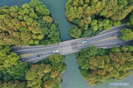 Aerial photo taken on Oct. 22, 2020 shows the autumn scenery of the West Lake scenic area in Hangzhou, east China's Zhejiang Province. (Xinhua/Weng Xinyang)