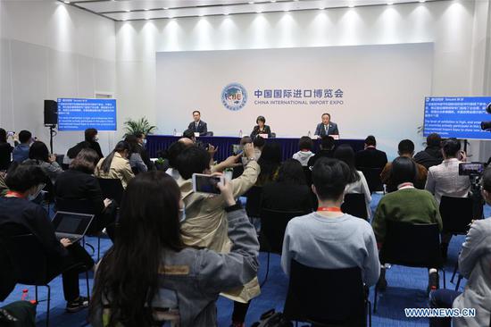 Photo taken on Nov. 10, 2020 shows a news briefing for the closing of the third China International Import Expo (CIIE) in Shanghai, east China. The third CIIE concluded here Tuesday, with deals reached for intended one-year purchases of goods and services totaling 72.62 billion U.S. dollars, up 2.1 percent from the last expo, official data showed. (Xinhua/Wang Xiang)