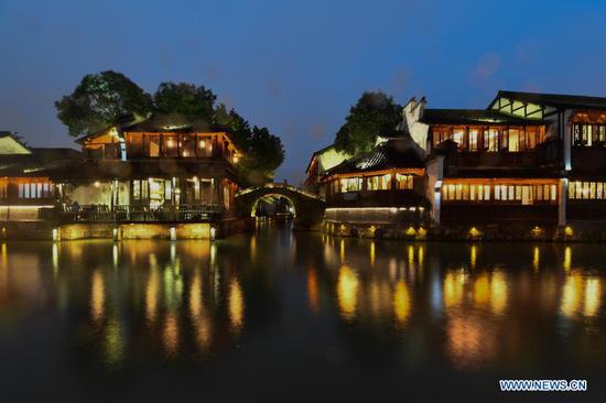 Photo taken on Nov. 22, 2020 shows a night view of Wuzhen in east China's Zhejiang Province. The World Internet Conference will be held here from Nov. 23 to 24, with the theme of 