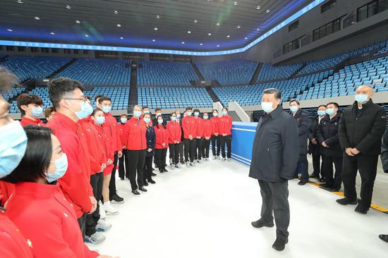 Chinese President Xi Jinping, also general secretary of the Communist Party of China Central Committee and chairman of the Central Military Commission, learns about venues construction and athletes' preparations while visiting the National Alpine Skiing Center in Yanqing District, Beijing, capital of China, Jan. 18, 2021. Xi on Monday inspected the preparatory work of the Beijing 2022 Olympic and Paralympic Winter Games in Beijing. (Xinhua/Ju Peng)