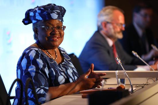 File photo taken on July 15, 2020 shows Ngozi Okonjo-Iweala attending a press conference in Geneva, Switzerland. The 164 members of the World Trade Organization (WTO) on Monday agreed to appoint Ngozi Okonjo-Iweala, a former finance minister of Nigeria, as the next director-general, said the WTO in a press release. (WTO/Handout via Xinhua)