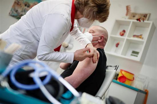 A patient receives the Astrazeneca vaccine in Senftenberg, Brandenburg, eastern Germany, on March 3.