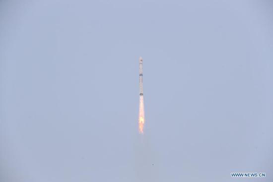 A Long March-4B carrier rocket carrying a satellite, the third of the Shiyan-6 series, blasts off from the Taiyuan Satellite Launch Center in north China's Shanxi Province on April 9, 2021. China successfully sent the experiment satellite into planned orbit Friday. (Photo by Zheng Taotao/Xinhua)