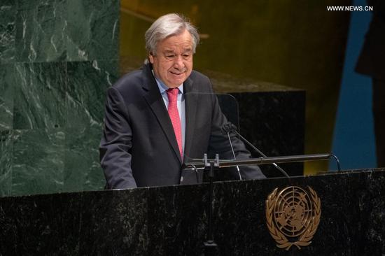 UN Secretary-General Antonio Guterres addresses the 2021 Economic and Social Council Forum on Financing for Development at the UN headquarters in New York, April 12, 2021. UN Secretary-General Antonio Guterres on Monday called for six measures to help countries recover from COVID-19 and keep them on track toward the Sustainable Development Goals (SDGs). (Eskinder Debebe/UN Photo/Handout via Xinhua)