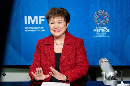 Kristalina Georgieva, managing director of the International Monetary Fund (IMF), receives an interview with Xinhua during the IMF Spring Meetings in Washington D.C., the United States, April 13, 2021. (Kim Haughton/IMF/Handout via Xinhua)