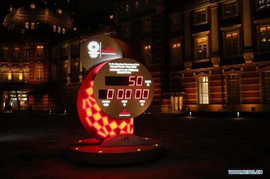 The countdown clock for the Tokyo 2020 Olympic Games is displayed with 50 days to go before the opening ceremony, outside Tokyo Station in Tokyo on June 3, 2021. (Xinhua/Wang Zijiang)