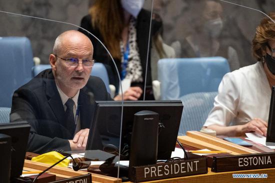 Sven Jurgenson, permanent representative of Estonia to the United Nations and president of the Security Council for the month of June, chairs the Security Council meeting on the implementation of the note by the president of the Security Council and the working methods of the Security Council at the UN headquarters in New York, on June 16, 2021. Members of the Security Council grappled with the efficacy of maintaining international peace and security through meetings held via video-teleconference (VTC), and with other new technologies, as the 15-member organ held an open debate on Wednesday to consider the working methods that have defined its deliberations throughout the COVID-19 pandemic. (Eskinder Debebe/UN Photo/Handout via Xinhua)