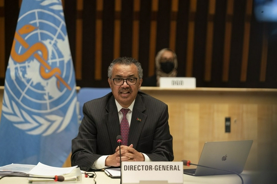 Tedros Adhanom Ghebreyesus, director-general of the World Health Organization, addresses the 74th World Health Assembly in Geneva, Switzerland, May 24, 2021. (WHO/Christopher Black/Handout via Xinhua)