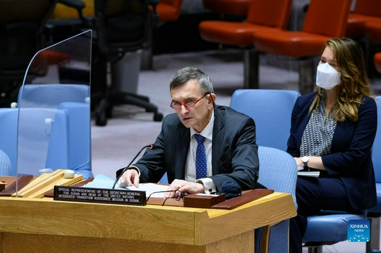Volker Perthes (front), the UN secretary-general's special representative for Sudan and head of UNITAMS, briefs the Security Council at UN Headquarters in New York, on Sept. 14, 2021. The top UN envoy for Sudan on Tuesday called for more international support to help maintain stability in the Darfur region, as well as more resources for his UN Integrated Transition Assistance Mission in Sudan (UNITAMS) to better carry out its mandate. (Loey Felipe/UN Photo/Handout via Xinhua)