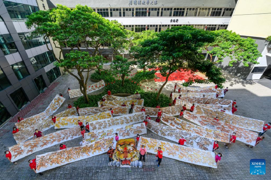 Local artists and enthusiasts display tiger paintings during an art project in Klang of Selangor states, Malaysia, Jan. 16, 2022. An art project composed of 2,022 tiger paintings and 2,022 Chinese characters of Hu, meaning tiger, by local artists and enthusiasts was displayed here on Jan. 16, 2022 to welcome the upcoming Chinese zodiac Year of the Tiger. (Photo by Chong Voon Chung/Xinhua)