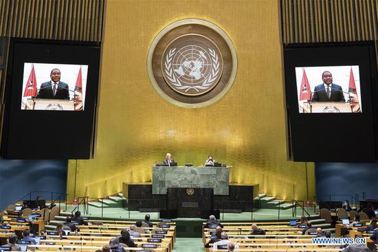 Mozambiquean President Filipe Nyusi (on the screens) addresses the General Debate of the 75th session of the UN General Assembly at the UN headquarters in New York, on Sept. 23, 2020. The General Debate of the 75th session of the UN General Assembly entered the second day on Wednesday. (Eskinder Debebe/UN Photo/Handout via Xinhua)