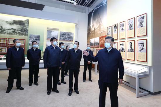 Xi Jinping and other Communist Party of China and state leaders Li Keqiang, Li Zhanshu, Wang Yang, Wang Huning, Zhao Leji, Han Zheng and Wang Qishan visit an exhibition commemorating the 70th anniversary of the Chinese People's Volunteers (CPV) army entering the Democratic People's Republic of Korea (DPRK) in the War to Resist U.S. Aggression and Aid Korea at the Military Museum of the Chinese People's Revolution in Beijing, capital of China, Oct. 19, 2020. (Xinhua/Ju Peng)