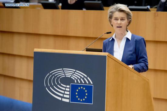 European Commission President Ursula von der Leyen delivers a speech during a plenary session of the European Parliament in Brussels, Belgium, on Jan. 20, 2021. Top officials of the European Union (EU) rejoiced on Wednesday over the inauguration of the new administration of the United States, expressing their readiness to mend the broken partnership and laying out expectations for renewed transatlantic cooperation. (European Union/Handout via Xinhua)