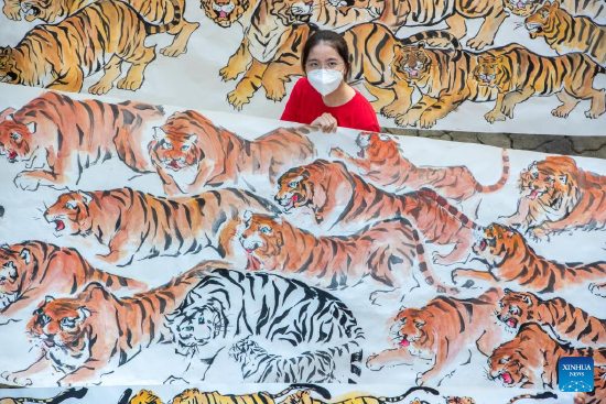 A woman displays tiger paintings during an art project in Klang of Selangor states, Malaysia, Jan. 16, 2022. An art project composed of 2,022 tiger paintings and 2,022 Chinese characters of Hu, meaning tiger, by local artists and enthusiasts was displayed here on Jan. 16, 2022 to welcome the upcoming Chinese zodiac Year of the Tiger. (Photo by Chong Voon Chung/Xinhua)