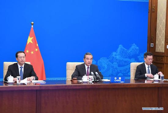 Chinese State Councilor and Foreign Minister Wang Yi chairs the UN Security Council's high-level videoconference briefing on "Maintenance of international peace and security: Upholding multilateralism and the United Nations-centered international system" on May 7, 2021. (Xinhua/Rao Aimin)