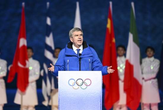 International Olympic Committee president Thomas Bach speaks at the closing ceremony of the Beijing 2022 Olympic Winter Games at the National Stadium on Feb. 20, 2022. (Xinhua/Li Ga)