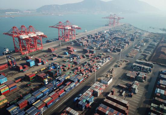 Aerial photo taken on Jan. 14, 2021 shows the container terminal of the Lianyungang Port in Lianyungang City, east China's Jiangsu Province. (Photo by Geng Yuhe/Xinhua)