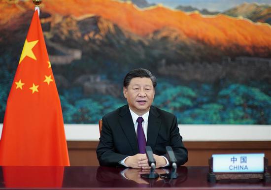 Chinese President Xi Jinping addresses the United Nations Summit on Biodiversity via video on Sept. 30, 2020. (Xinhua/Ju Peng)