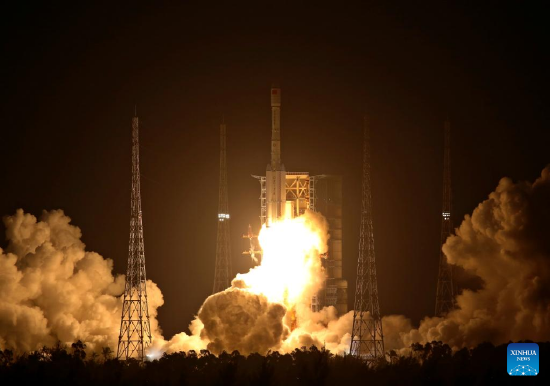 A Long March-7A rocket carrying two satellites blasts off from the Wenchang Spacecraft Launch Site in south China's Hainan Province, Dec. 23, 2021. The rocket blasted off at 6:12 p.m. (Beijing Time) at the Wenchang Spacecraft Launch Site in southern Hainan Province and soon sent Shiyan-12 01 and Shiyan-12 02 satellites into preset orbit.