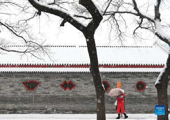 People walk on the street in snow in Beijing, capital of China, Feb. 13, 2022. A snowfall hit Beijing on Sunday. (Xinhua/Song Weiwei)