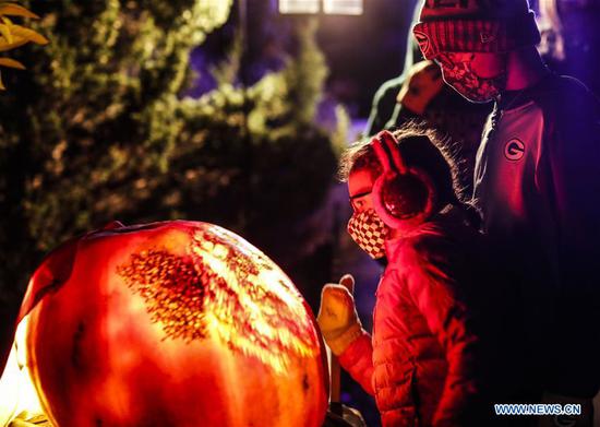 Visitors view a carved pumpkin at the Chicago Botanic Garden's Night of 1000 Jack-O'-Lanterns in Glencoe, Illinois, the United States, on Oct. 24, 2020. More than 1,000 hand-carved pumpkins are on display here pending Halloween. (Photo by Joel Lerner/Xinhua)