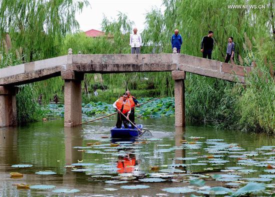 Volunteers clear the surface of a pond in Xucang Village, Changxing County of east China's Zhejiang Province, Sept. 21, 2020. Local authorities launched a campaign to clear up the water system in villages to secure a pleasant environment. (Xinhua/Xu Yu)