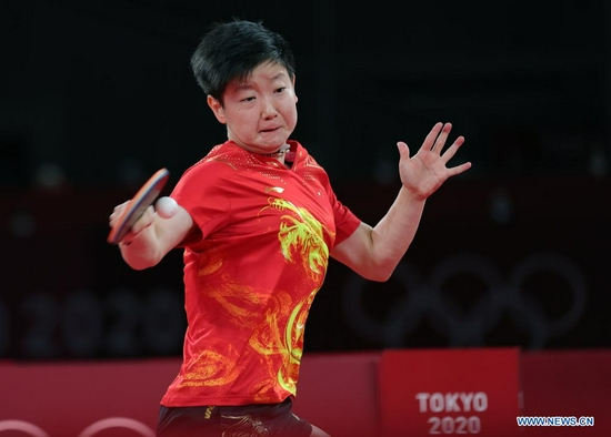 Sun Yingsha of China competes during the women's singles semifinal of table tennis at Tokyo 2020 Olympic Games in Tokyo, Japan, July 29, 2021. (Xinhua/Wang Dongzhen)