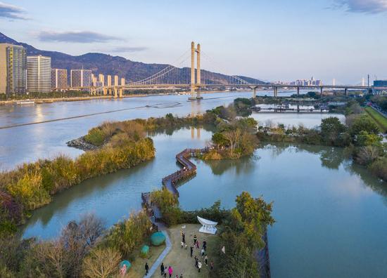 Aerial photo taken on Feb. 14, 2021 shows a view of Huahai Park in Fuzhou, southeast China's Fujian Province. (Xinhua/Jiang Kehong)