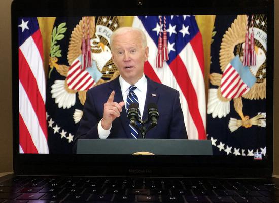 Photo taken in Arlington, Virginia, the United States, on March 25, 2021 shows a screen displaying U.S. President Joe Biden speaking during a press conference in Washington, D.C., in a live stream provided by Fox News. (Xinhua/Liu Jie)