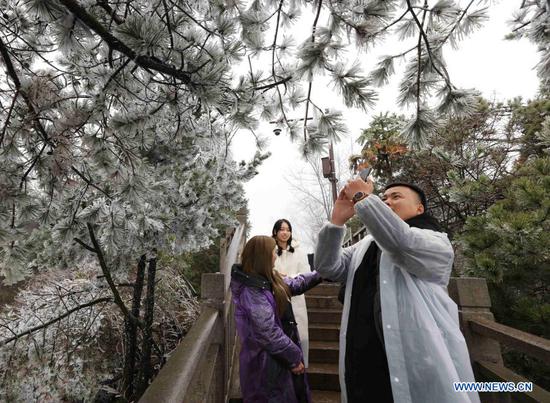 People enjoy the scenery of frost at Wulingyuan scenic spot in Zhangjiajie, central China's Hunan Province, Nov. 23, 2020. (Photo by Wu Yongbing/Xinhua)