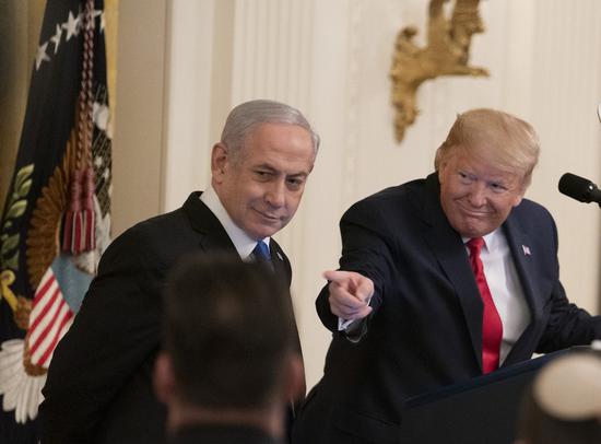 U.S. President Donald Trump (R) and Israeli Prime Minister Benjamin Netanyahu attend a joint press conference in the White House in Washington, D.C., the United States, on Jan. 28, 2020. (Xinhua/Liu Jie)