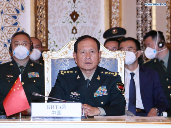 Chinese State Councilor and Minister of National Defense Wei Fenghe delivers a speech at the 18th session of defense ministers of the Shanghai Cooperation Organization (SCO) member states, in Dushanbe, Tajikistan, July 28, 2021. (Xinhua)