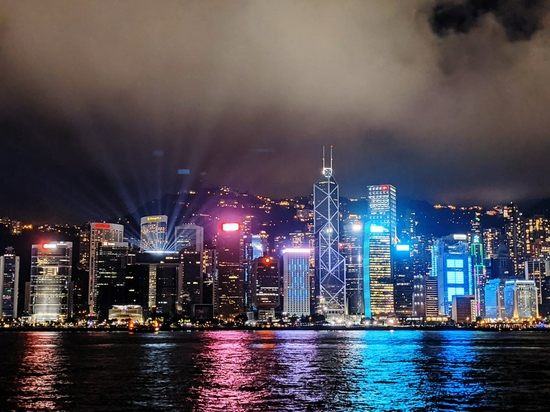 A light show is staged at the Victoria Harbor in south China's Hong Kong, July 1, 2021. (Xinhua/Wang Shen)