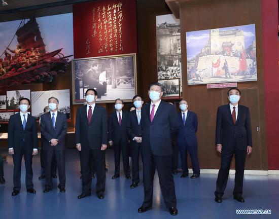 Xi Jinping and other Communist Party of China (CPC) and state leaders Li Keqiang, Li Zhanshu, Wang Yang, Wang Huning, Zhao Leji, Han Zheng and Wang Qishan visit an exhibition on CPC history themed 