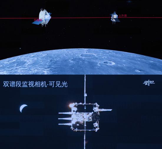 Screen image captured at Beijing Aerospace Control Center in Beijing, capital of China, Dec. 6, 2020 shows the rendezvous and docking of the ascender of China's Chang'e-5 probe with the orbiter-returner combination.

The ascender of China's Chang'e-5 probe successfully rendezvoused and docked with the orbiter-returner combination in lunar orbit at 5:42 a.m. (Beijing Time) on Sunday, the China National Space Administration (CNSA) has announced.

This is the first time Chinese spacecraft have carried out rendezvous and docking in lunar orbit. (Xinhua/Jin Liwang)