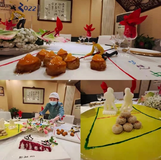 Combo photo shows the Olympic-themed dishes rolled out by a restaurant in Beijing. (Beijing Huatian Catering Group/Handout via Xinhua)