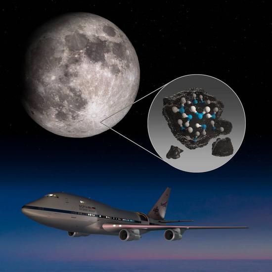 The illustration from NASA shows the moon's Clavius Crater with an illustration depicting water trapped in the lunar soil there, along with an image of NASA's Stratospheric Observatory for Infrared Astronomy (SOFIA). (Xinhua)