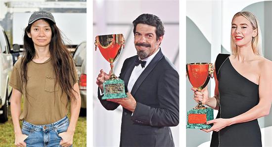 From Left: Chinese-born US director Chloe Zhao’s “Nomadland” won Best Film, Italian actor Pierfrancesco Favino won Best Actor for “Padresnostro” (Our Father) and British actress Vanessa Kirby won Best Actress for “Pieces of a Woman.”