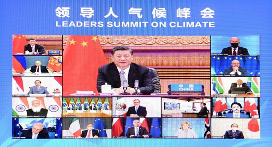 At the invitation of U.S. President Joe Biden, Chinese President Xi Jinping attends the Leaders Summit on Climate via video link and delivers an important speech titled "For Man and Nature: Building a Community of Life Together" in Beijing, capital of China, April 22, 2021. (Xinhua/Li Xiang)