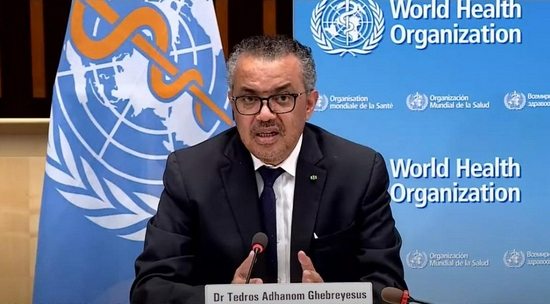 The video screenshot taken on May 7, 2021 shows World Health Organization (WHO) Director General Tedros Adhanom Ghebreyesus attending a press briefing in Geneva, Switzerland. (Xinhua)