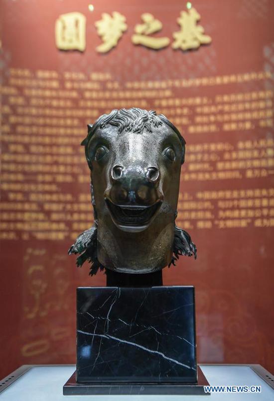 A bronze horse head sculpture looted from Yuanmingyuan is on display at Wenshu Pavilion of Zhengjue Temple in Yuanmingyuan, Beijing, capital of China, Dec. 1, 2020. A bronze horse head sculpture, a treasure of China's Old Summer Palace that went missing after an Anglo-French allied forces' looting 160 years ago, returned to its original palace home Tuesday. It is the first time that a lost important cultural relic from the Old Summer Palace, or 