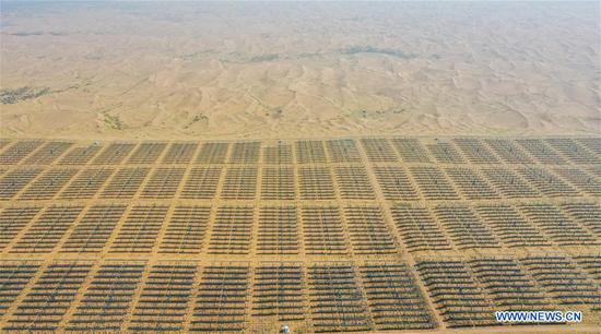 Aerial photo taken on Sept. 14, 2020 shows the Dalad Photovoltaic Power Base in the Kubuqi Desert in north China's Inner Mongolia Autonomous Region. (Xinhua/Lian Zhen)