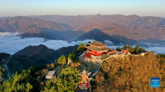 Aerial photo taken Nov. 23, 2021 shows the scenery of Miaoshanzhai scenic area in Baihe County, northwest China's Shaanxi Province. (Xinhua/Tao Ming) 